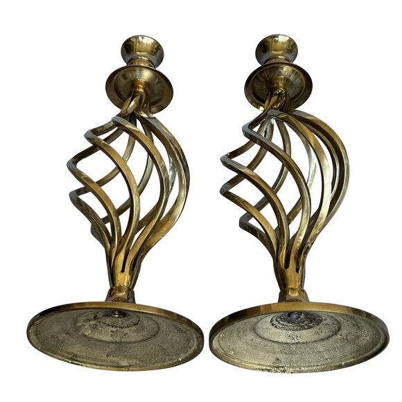 Vintage Brass Heavy 11" Pair Spiral Twist Cyclone Style Victorian Candle Holder - Picture 4 of 12